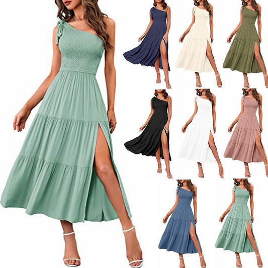 2024 New Summer Fashion Women's One-shoulder Pleated Layered Hem Split Dress